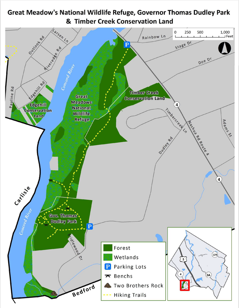 Trail Map for Great Meadows National Wildlife Refuge, Governor Thomas Dudley Park, and Timber Creek Conservation Land